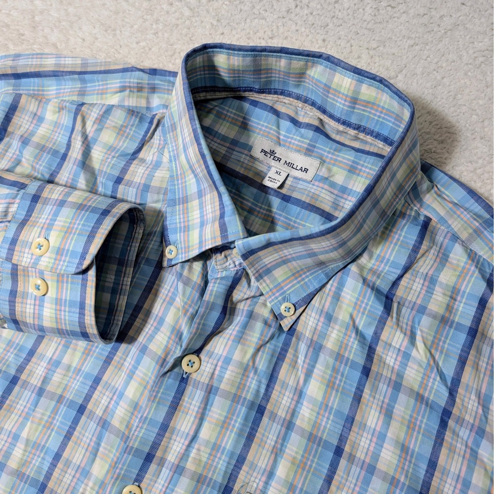 Peter Millar Button Down Shirt Mens XL Blue Plaid Cotton Silk L/S Lightweight